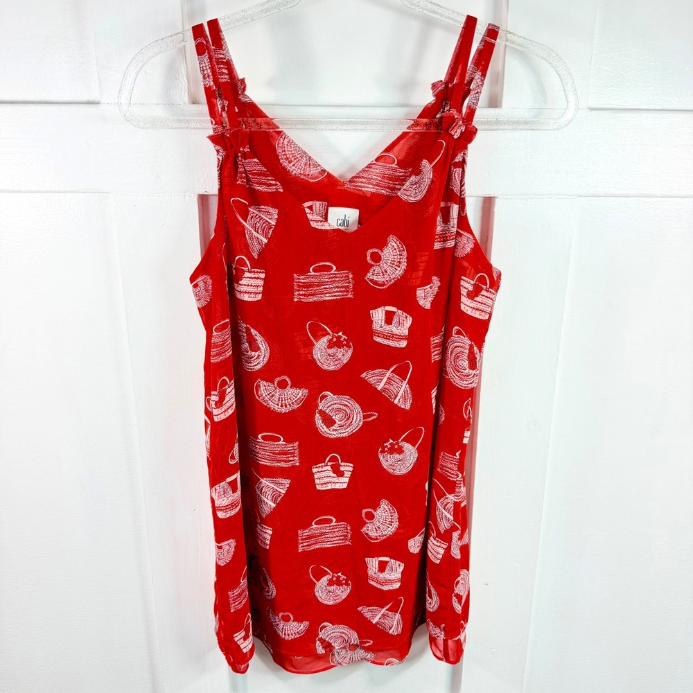 Cabi Red Straw Bag Sun Hat Print V-Neck Dble Strap Camisole Tank Top 5624 Small